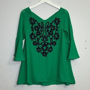 Judith March Green Bell Sleeve Top Womens Size‎ Small Embroidered Boho Festival